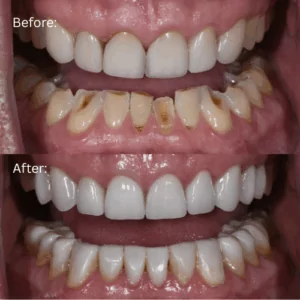 Before and after photo of full mouth reconstruction patient Brad with lips retracted to show changes in smile